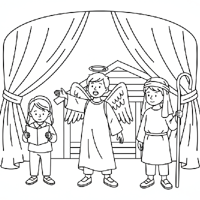 Black and white line art of three children rehearsing an Easter play, dressed as an angel and a shepherd.
