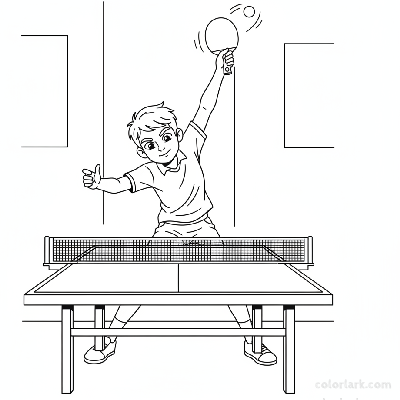 Line art of an energetic boy practicing a forehand loop with a high paddle finish in table tennis.