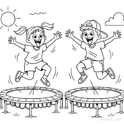 Black and white line art of two kids making funny faces while jumping on separate trampolines.