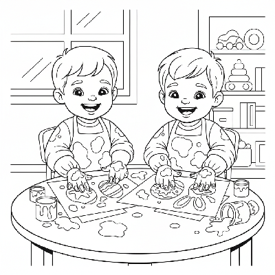 Black and white line art of two enthusiastic toddlers happily finger painting Easter designs on paper.