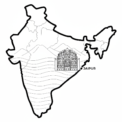 Line art coloring map of Rajasthan state, featuring the Hawa Mahal landmark, Jaipur, and an indication of the Thar Desert.