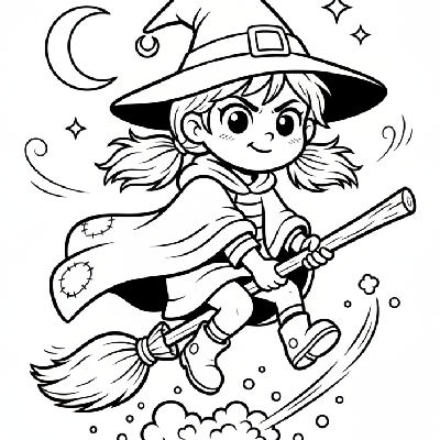 Black and white line art of a cute cartoon young witch learning to fly her broomstick, Halloween adventure coloring page.