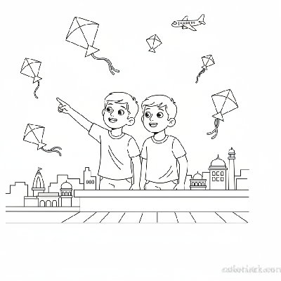 Line art of Indian boys pointing to a distant airplane while flying kites on an Indian city rooftop, for coloring.