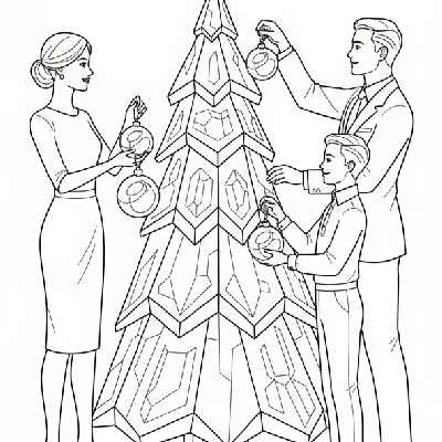 Black and white line art of a family unpacking and hanging clear glass ball ornaments on a dazzling Christmas tree.