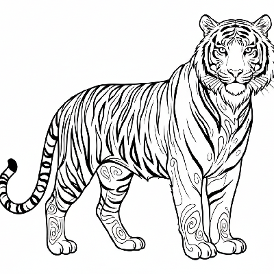 Black and white line art of a regal tiger with intricate stripe patterns