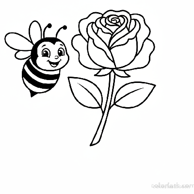 Simple rose with a happy bee coloring page for toddlers, black and white line art, easy rose and insect drawing.