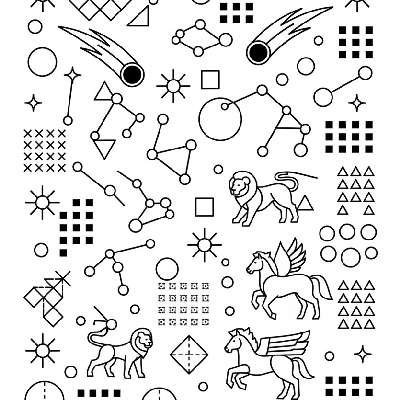 Black and white line art of celestial wonders including stars, comets, and constellations, all composed of circles, squares, and triangles for shape recognition.