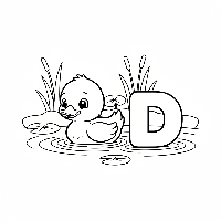 Black and white line art of a cute duckling swimming next to the letter D.