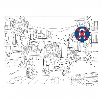 Black and white line art of an Indian auto-rickshaw driver making a legal turn near an Indian u-turn prohibited sign.