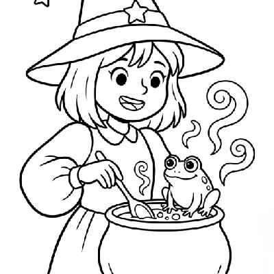 Black and white line art of a cute witch with a friendly frog companion brewing a gentle potion, Halloween coloring page.