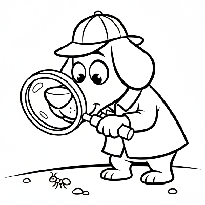 Black and white line art of a comical dog holding a magnifying glass and looking at a tiny object, for young learners.