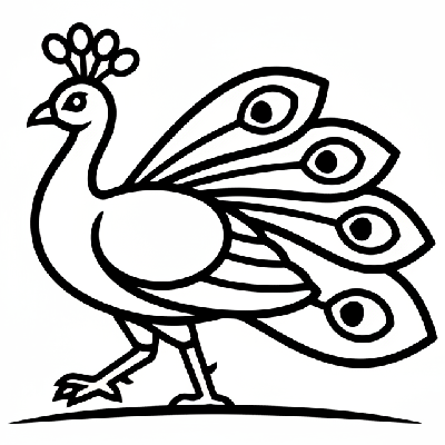 Black and white line art of a graceful peacock walking, simplified for easy coloring by kids in India.