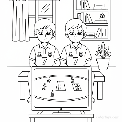 Black and white line art of young Indian children wearing cricket team jerseys and watching a cricket match on a television screen.