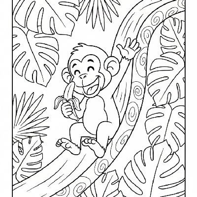 Black and white line art of a monkey playfully sliding down a thick vine like a slide, eating a banana.