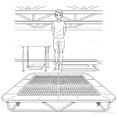 Black and white line art of a pre-teen kid practicing controlled jumps on a gym trampoline at a kids fitness center.