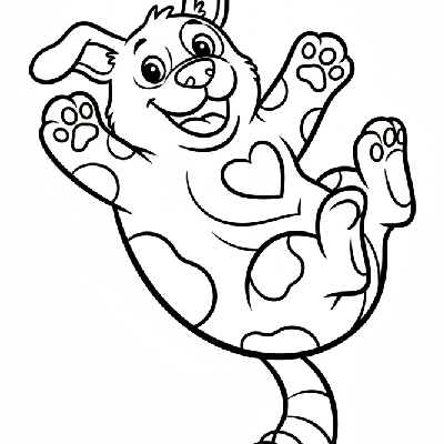 Black and white line art of a happy dog rolling on its back.