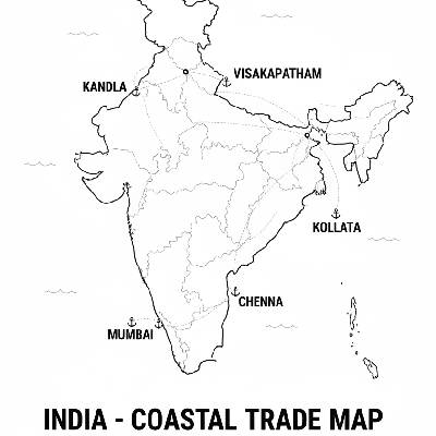Line art coloring map of India's coastline, highlighting major seaports with anchor icons and simplified trade routes.