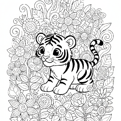 Black and white line art of a baby tiger exploring a field of exotic jungle flowers