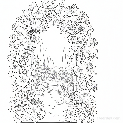 Black and white line art of an ornate archway covered in climbing roses and foliage, leading to a garden
