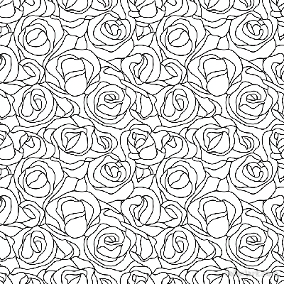 Black and white line art of a seamless, repeating pattern of overlapping rose petals for a wallpaper design