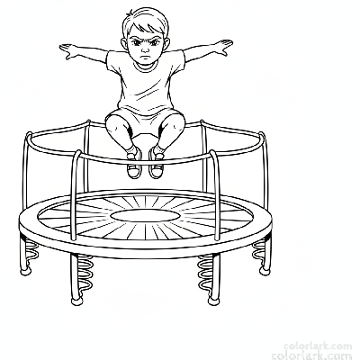 Black and white line art of a determined child concentrating on their trampoline jumps at a kids fitness center.