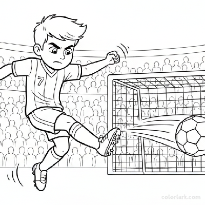 Line art of a young footballer making a game-changer shot.