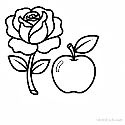Simple rose and apple outline coloring page for toddlers, black and white line art, easy flower and fruit drawing.
