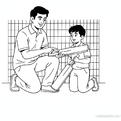 Indian cricket coach explaining batting grip to a young boy, black and white line art.
