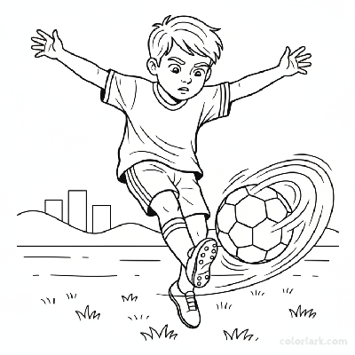Line art of a youngster unleashing a mighty soccer strike.
