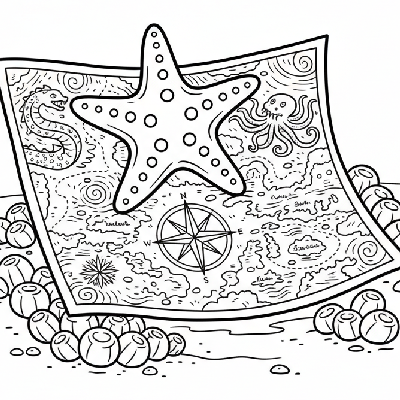 Black and white line art of a starfish exploring a rolled-out, vintage-style maritime map on the ocean floor.