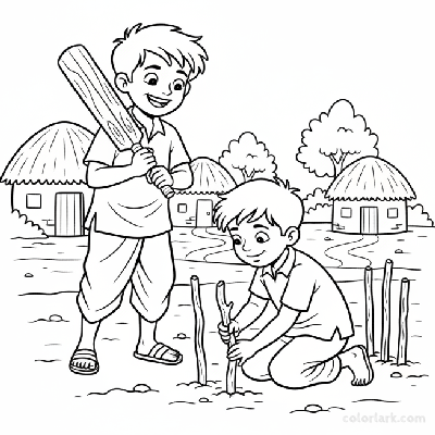 Two Indian children on a village ground setting up three sticks as makeshift cricket wickets for a game.
