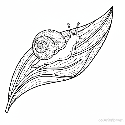 Line art illustration of a snail crawling on a broad tulip leaf
