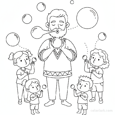 Line art of kids learning Blowing Bubbles Breath with a yoga instructor.