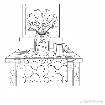 Line art illustration of a tulip bouquet on a cozy kitchen tabletop