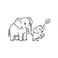 Playful baby elephant chasing leaf, mother watching coloring page