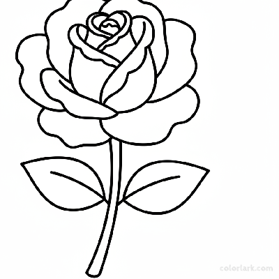Easy single blooming rose coloring page for kids and beginners, black and white line art, simple flower illustration.