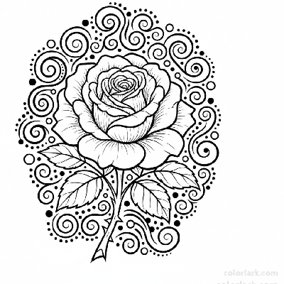 Black and white line art of a detailed rose surrounded by a whimsical background of swirls and decorative dots