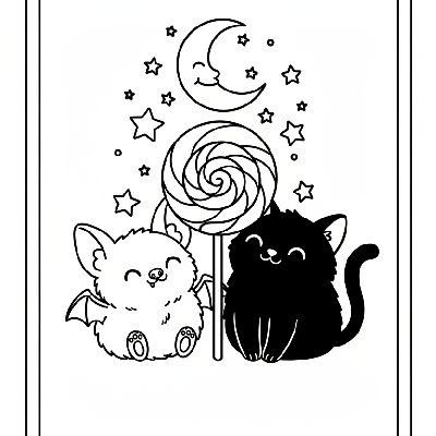 Black and white line art of a cute bat and black cat sharing a sweet lollipop under the stars, Halloween coloring page.