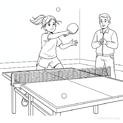 Black and white line art of a little girl attempting her first topspin table tennis serve, with her coach watching encouragingly.