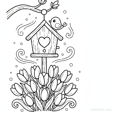 Line art illustration of a birdhouse surrounded by blooming tulips