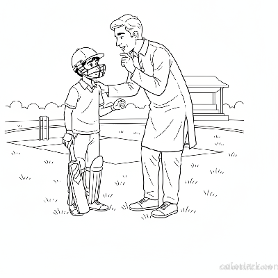 Indian coach and young boy discussing batting strategy before practice, black and white line art.