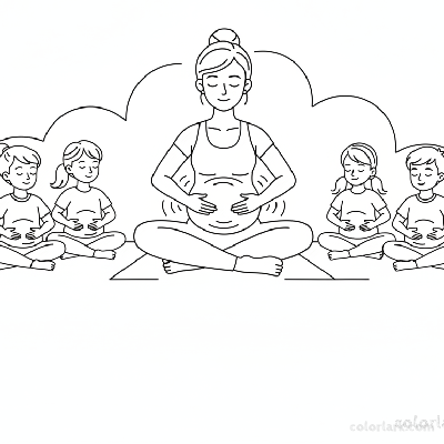 Line art of children practicing Tummy Breath with hands on belly with a yoga teacher.