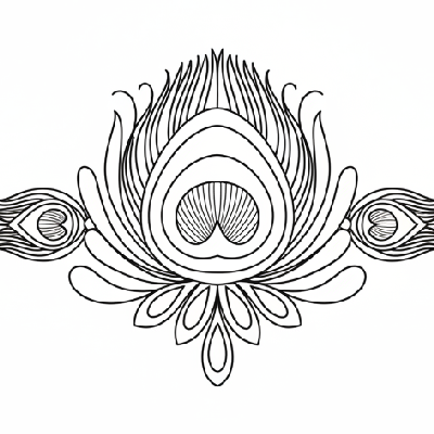 Black and white line art of an elegant peacock feather 'eye' Rakhi with intricate concentric shapes and fine lines for coloring.
