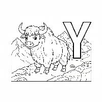 Black and white line art of a hairy yak standing proudly by the letter Y.
