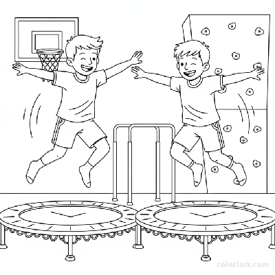 Black and white line art of two playful boys bouncing and leaping on separate trampolines in a kids fitness center.