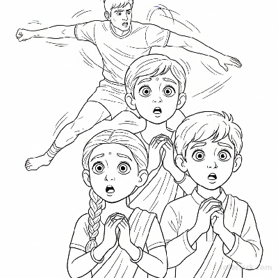 Line art showing young Indian children with gasping expressions, reacting to an intense play in a Kabaddi National Championship.
