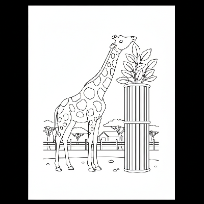 Line art of a tall giraffe stretching its long neck to reach leaves from a tall enrichment feeder in a zoo.
