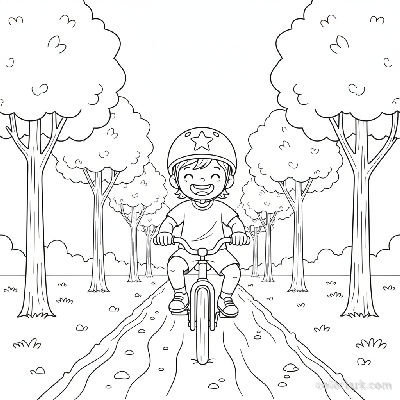 Black and white line art coloring page of a happy child with a helmet, riding a bicycle on a simple forest track.