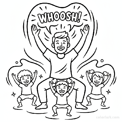 Line art of kids practicing Volcano Breath for energy release with a yoga teacher.