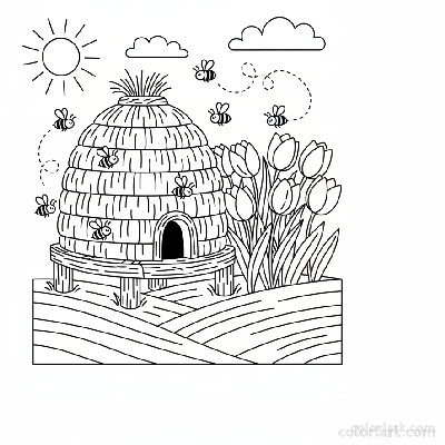 Line art illustration of a rustic beehive near a patch of blooming tulips with bees flying